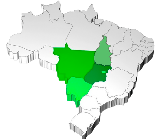 Mapa do Brasil com os estados do Centro-Oeste destacados: Goiás, Mato Grosso e Mato Grosso do Sul